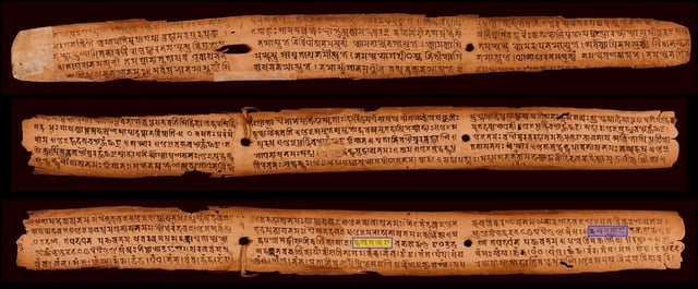 This is one of the oldest surviving and dated palm-leaf manuscript in Sanskrit (828 CE). Discovered in Nepal, the bottom leaf shows all the vowels and consonants of Sanskrit (the first five consonants are highlighted in blue and yellow).