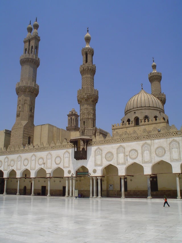 Al-Azhar Mosque; Fatimid courtyard and Mamluk minarets.