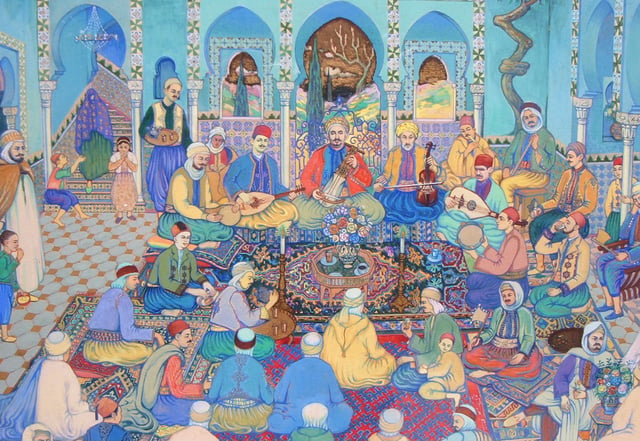 Algerian musicians in Tlemcen, Ottoman Algeria. Painting by Bachir Yellès