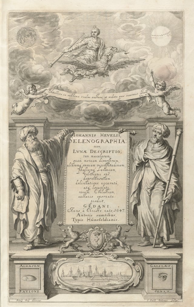 Hevelius's Selenographia, showing Alhasen  [sic] representing reason, and Galileo representing the senses.