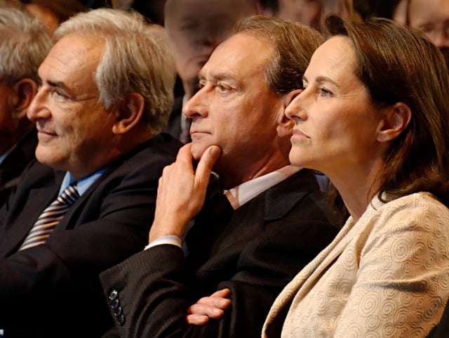 From left to right: Dominique Strauss-Kahn, Bertrand Delanoë and Ségolène Royal sitting in the front row at a meeting held on 6 Feb 2007 by the French Socialist Party at the Carpentier Hall in Paris.