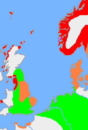 The approximate extent of Old Norse and related languages in the early 10th century around the North Sea.