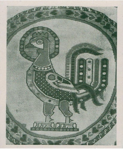 Vatican Persian Cock — A 1919 print of a fabric square of a Persian cock or a Persian bird design belonging to the Vatican (Holy See) in Rome dating to 600 CE. Notice the halo denoting the status of being holy in that religious schema.