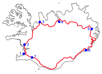 The Ring Road of Iceland and some towns it passes through: 1. Reykjavík, 2. Borgarnes, 3. Blönduós, 4. Akureyri, 5. Egilsstaðir, 6. Höfn, 7. Selfoss