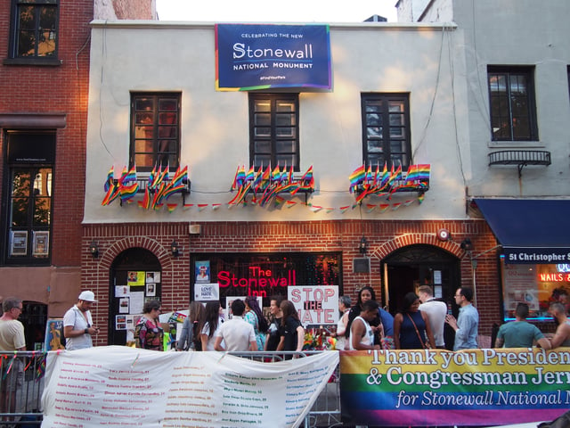 The Stonewall Inn, a designated U.S. National Historic Landmark and National Monument, as the site of the June 1969 Stonewall riots and the cradle of the modern gay rights movement.