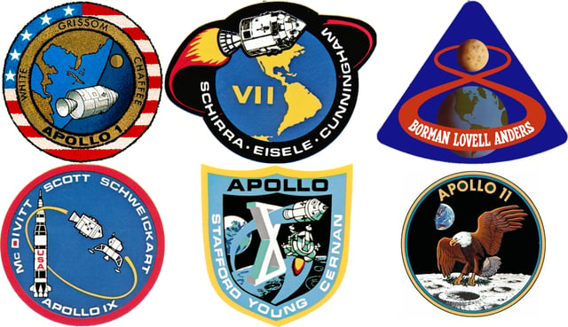 Apollo crewed development mission patches. Click on a patch to read the main article about that mission