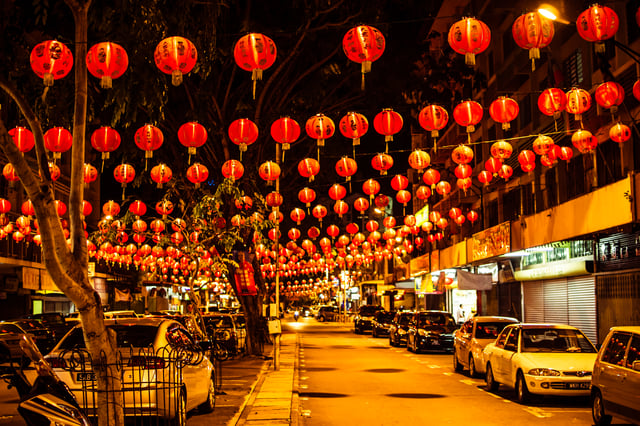 Gaya Street in Kota Kinabalu, Malaysia filled with Chinese lanterns during the New Year celebration.