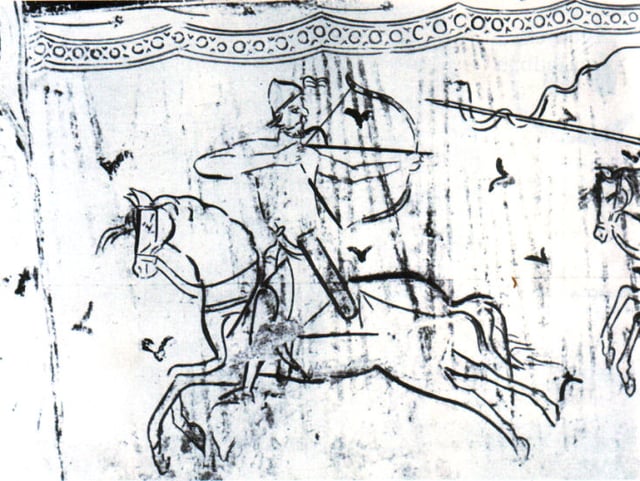 Italian fresco depicting a Hungarian warrior shooting backwards
