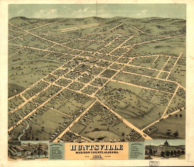 Bird's eye view of 1871 Huntsville, Alabama
