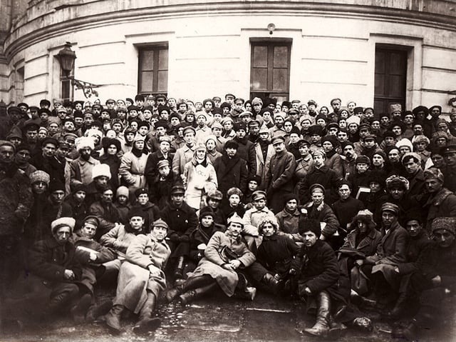 Trotsky with Vladimir Lenin and Klim Voroshilov among soldiers in Petrograd in 1921.