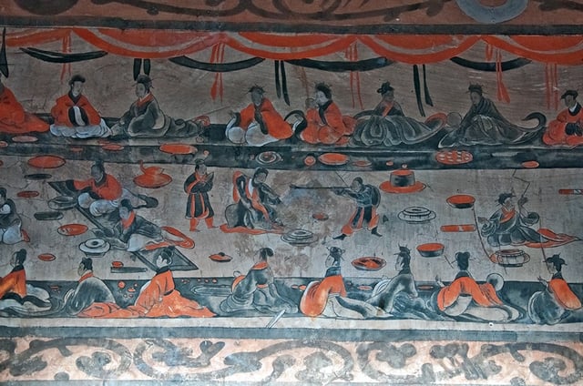 A late Eastern Han (25–220 AD) Chinese tomb mural showing lively scenes of a banquet (宴饮; yànyǐn), dance and music (舞乐; wǔyuè), acrobatics (百戏; bǎixì), and wrestling (相扑; xiāngpū), from the Dahuting Tomb(Chinese: 打虎亭汉墓,; pinyin: Dáhǔtíng Hànmù), on the southern bank of the Suihe River in Zhengzhou, Henan (just west of Xi County)
