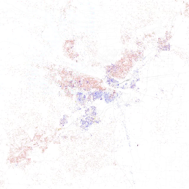 Map of racial distribution in Little Rock, 2010 U.S. Census. Each dot is 25 people: White, Black, Asian, Hispanic or Other (yellow)