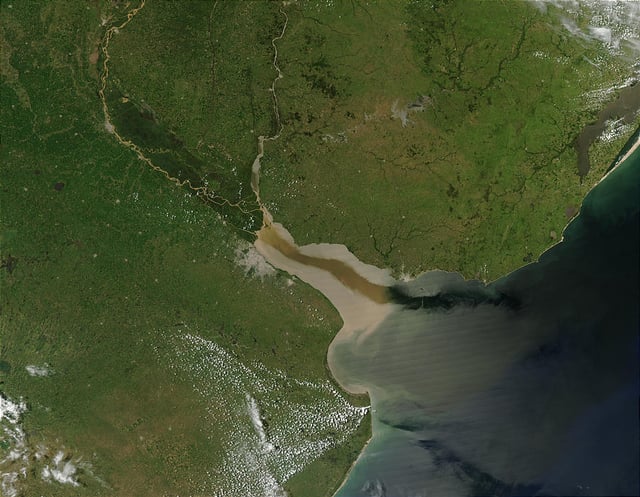 Satellite image of the Paraná and Uruguay rivers emptying into the Río de la Plata. Due to the relatively calm surface of the estuary and the angle of the Sun relative to the satellite, the current of the river flowing out into the Atlantic is visible.