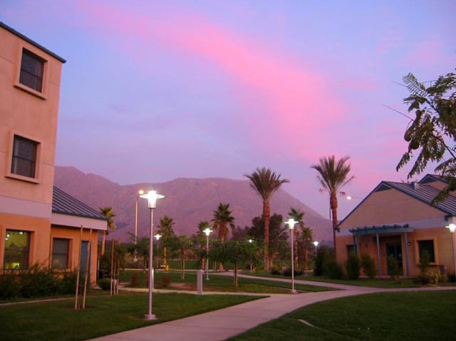 The Box Springs Mountains at dusk from the Pentland Hills residence hall.