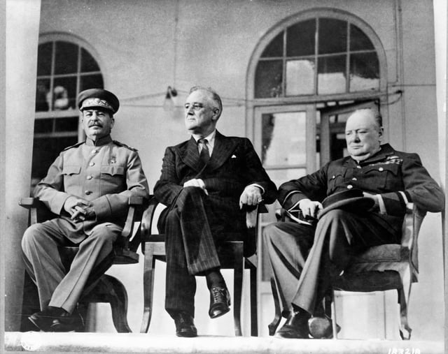 The Big Three: Stalin, U.S. President Franklin D. Roosevelt, and British Prime Minister Winston Churchill at the Tehran Conference, November 1943