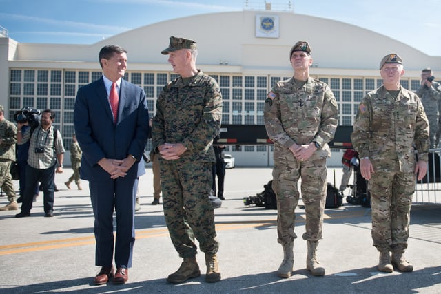 Flynn, Gen. Joseph F. Dunford, the chairman of the Joint Chiefs of Staff, Gen. Joseph Votel and Gen. Raymond A. Thomas at MacDill Air Force Base, February 6, 2017