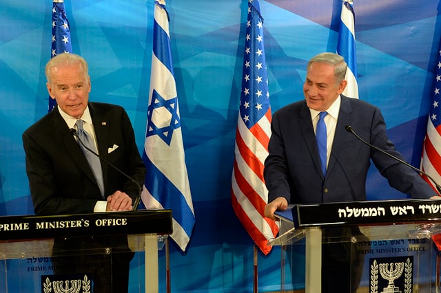 Biden with Israeli Prime Minister Benjamin Netanyahu in Jerusalem, March 9, 2016. Biden is a staunch supporter of Israel.
