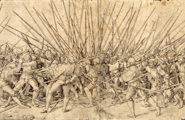 Swiss and Landsknecht pikemen fight at "push of pike" during the Italian Wars.