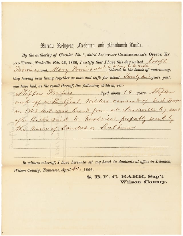 A certificate of marriage issued by the Freedmen's Bureau