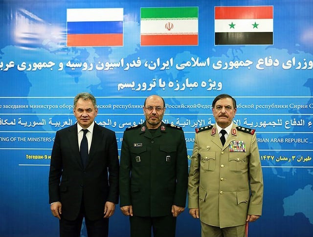 The defense ministers of Russia, Iran, and Syria in Tehran on 10 June 2016