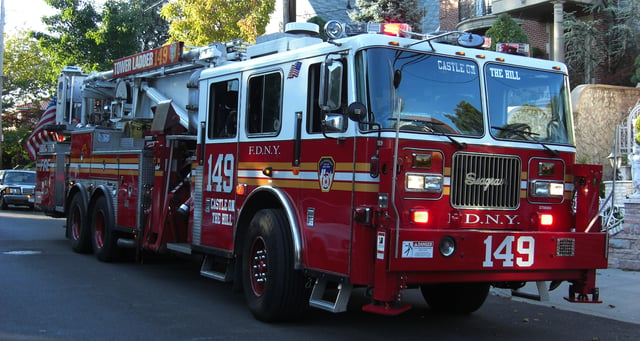 A tower ladder is another type of truck operated by the FDNY. Pictured is a tower ladder truck operated by Ladder Co. 149, quartered in Brooklyn.