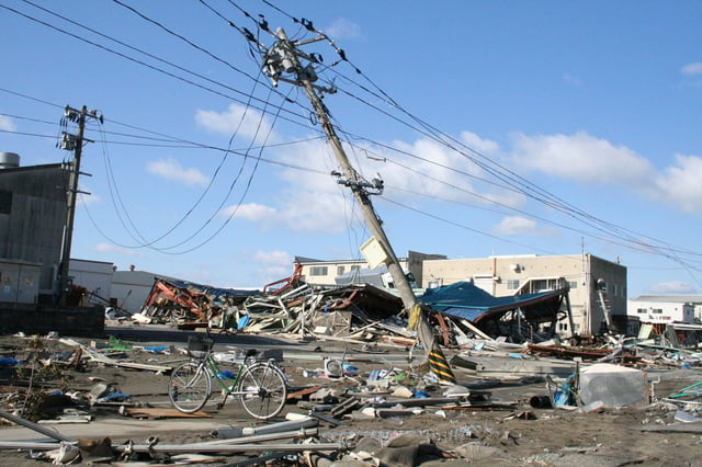 Damaged utility pole in Ishinomaki