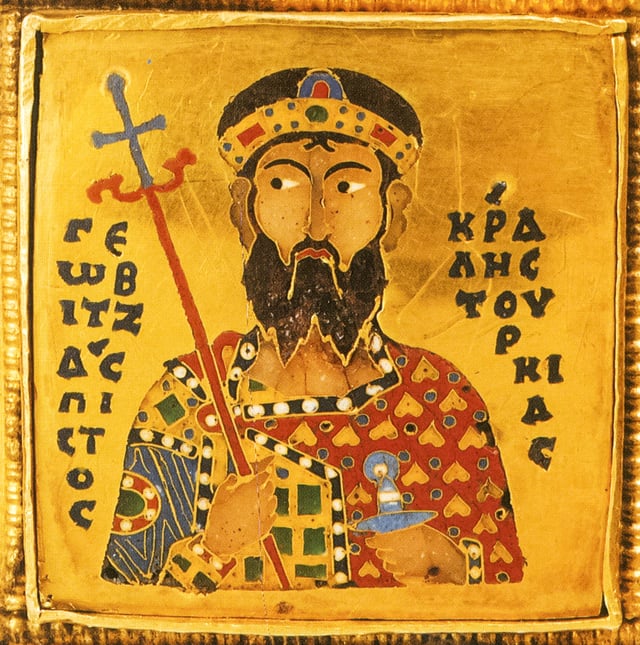 Coloman's father Géza depicted on the lower part (Corona Graeca) of the Holy Crown of Hungary