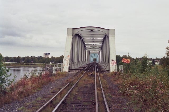 The Torne River Railway Bridge, a dual gauge railway bridge, with a four rail gauntlet track, the only fixed railway connection between Sweden and Finland.