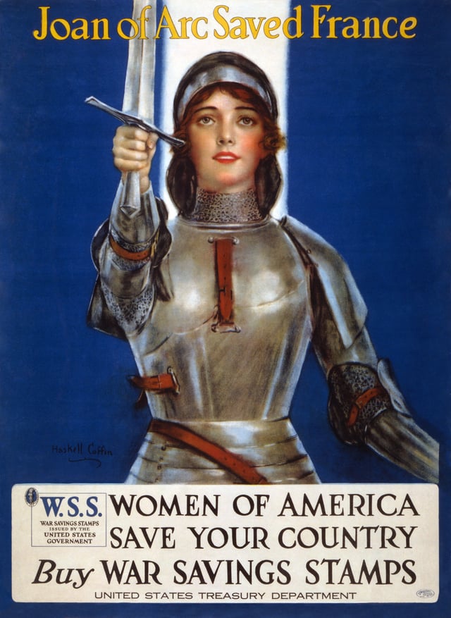 United States patriotic poster depicting the French heroine Joan of Arc during the World War I.