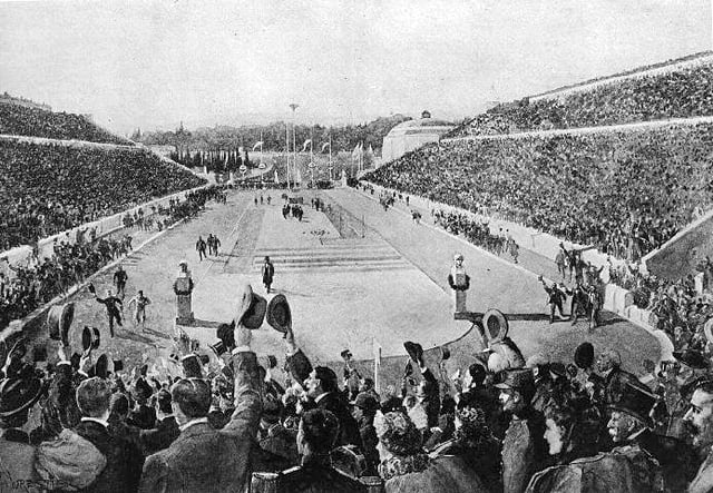 Spyridon Louis entering the Panathenaic Stadium at the end of the marathon; 1896 Summer Olympics.