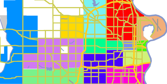 Downtown - lime, Midtown - blue-gray, North - red, South - pink, West - lavender