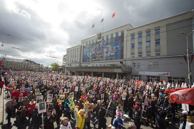 Local residents in Kaliningrad at "Immortal regiment", carrying portraits of their ancestors who fought in World War II