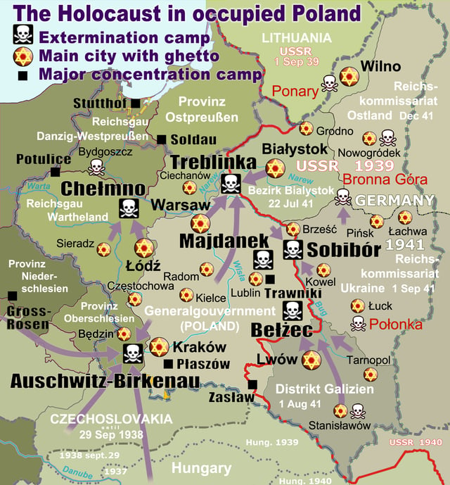 Map of the Holocaust in German occupied Poland with deportation routes and massacre sites. Major ghettos are marked with yellow stars. Nazi extermination camps are marked with white skulls in black squares. The border in 1941 between Nazi Germany and the Soviet Union is marked in red.