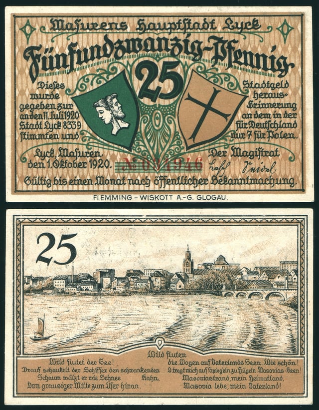 25 Pfennig Notgeld banknote of 1920 with a view of the town on the reverse