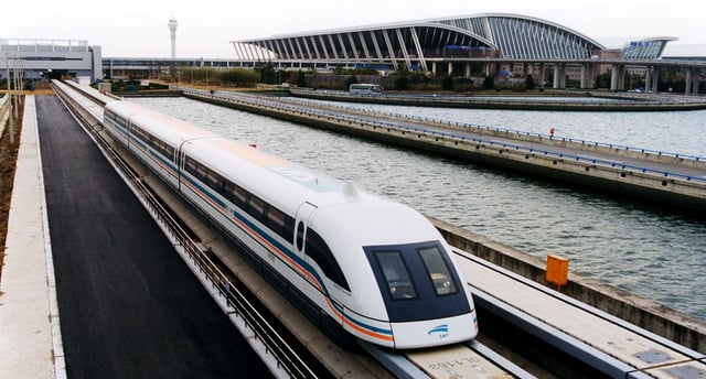 The Maglev with a top speed of 431 km/h (268 mph) exiting the Shanghai Pudong International Airport