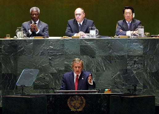 George W. Bush addressed the General Assembly of the United Nations on 12 September 2002 to outline the complaints of the United States government against the Iraqi government.