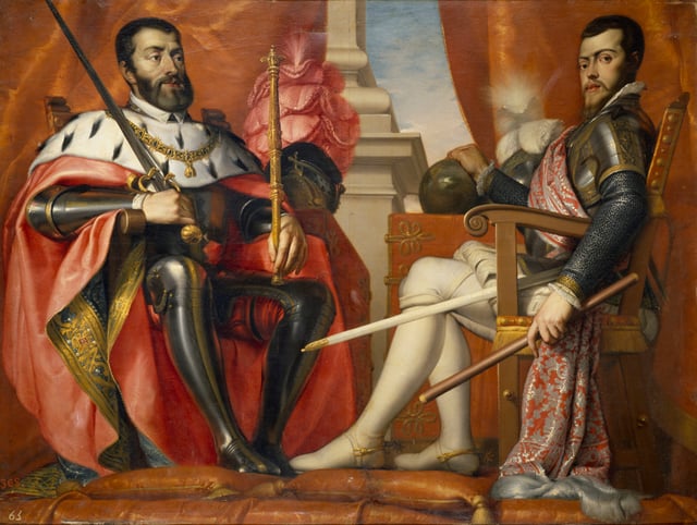 Charles V, Holy Roman Emperor and King of Spain (left) with his son Philip