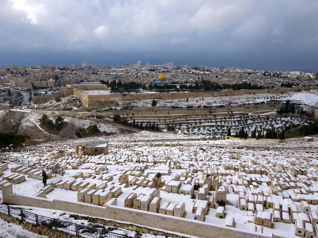 View from the Mount of Olives overlooking the old city of Jerusalem during the snowfall of the 2013 cold snap