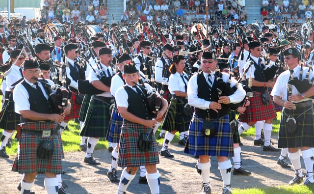 Massed pipebands at the Glengarry Highland Games, Ontario, Canada