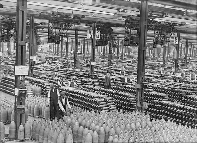 Stacks of shells in the shell filling factory at Chilwell during World War I.