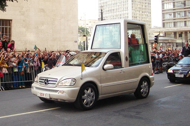 Pope Benedict XVI in a Mercedes-Benz popemobile in São Paulo, Brazil