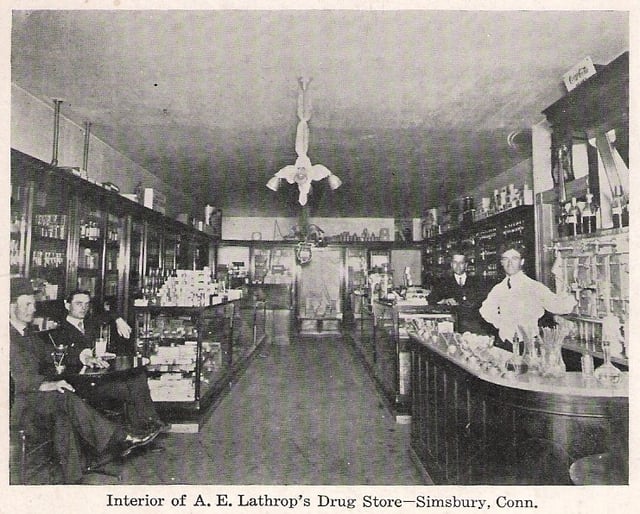 Typical American drug store with a soda fountain, about 1905