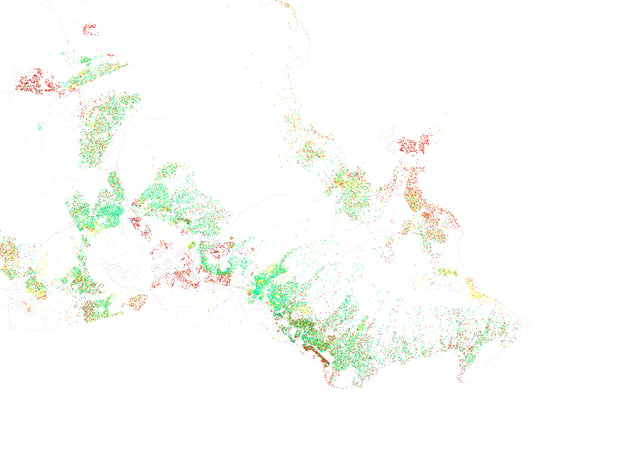Map of racial distribution in Honolulu, 2010 U.S. Census. Each dot is 25 people: White, Black, Asian,  Hispanic or Other (yellow)