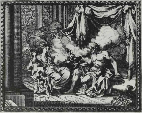 Pandora seated with her husband Epimetheus, who has just opened her jar of curses; an etching by Sébastien Le Clerc (1676)