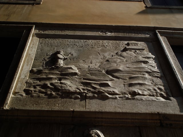 A relief of the Scuola degli Albanesi commemorating the Siege of Shkodra. It illustrates Sultan Mehmet II laying siege to the Albanian town of Scutari then part of Venetian Empire.