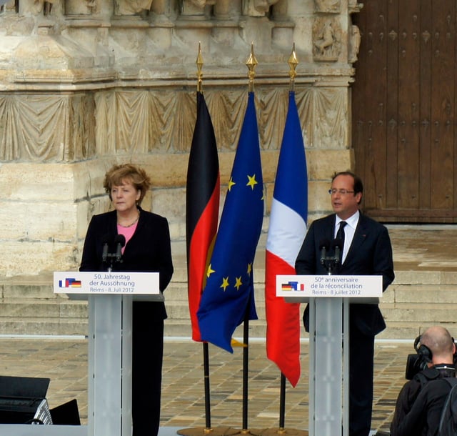 50th anniversary of reconciliation, 8 July 2012: Angela Merkel (left), Federal Chancellor of Germany, with François Hollande (right), President of the French Republic.