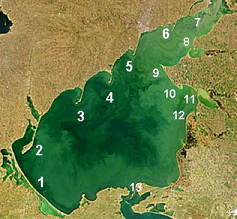 Major spits of the Sea of Azov: 1. Arabat 2. Fedotov 3. Obitochna 4. Berdyansk 5. Belosaraysk 6. Krivaya 7. Beglitsk 8. Glafirovsk (east) and Yeysk (west) 9. Dolgaya 10. Kamyshevatsk 11. Yasensk 12. Achuevsk 13. Chushka