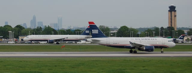 Charlotte-Douglas International Airport with Uptown Charlotte's skyline in the background