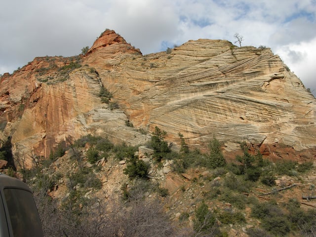 Cross-bedding in lithified aeolian sand dunes preserved as sandstone in Zion National Park, Utah