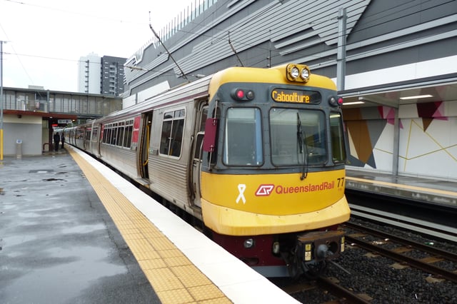 A QR (Queensland Rail) EMU series train on the South East Queensland rail network